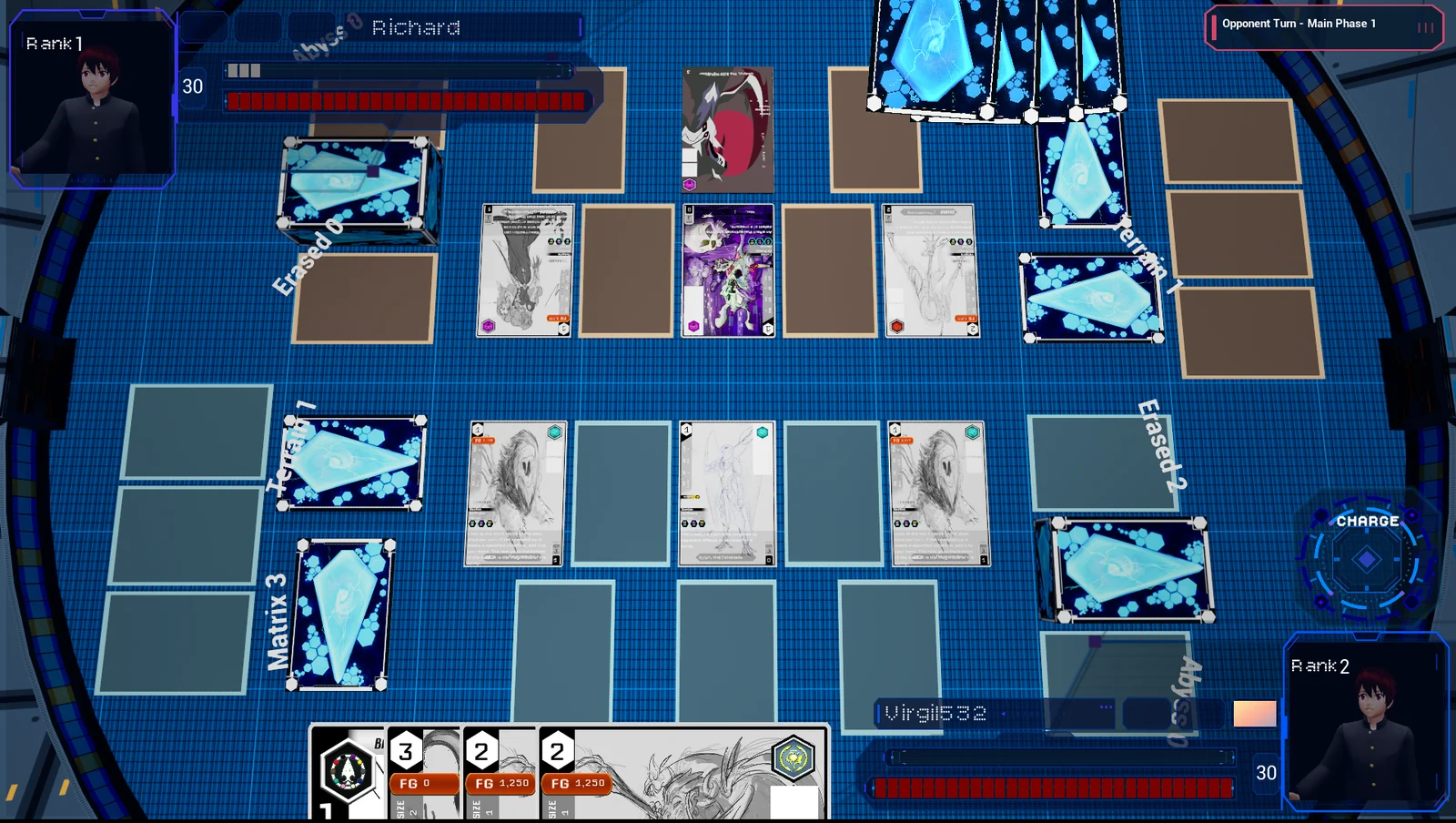 Multiplayer match with creatures, hands, board zones, and player resources visible
