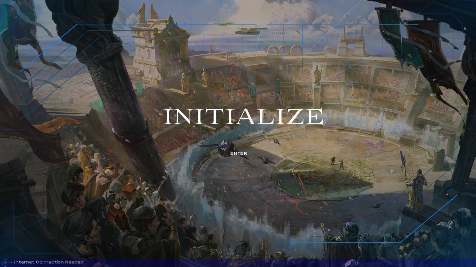 Initialize title screen set above an expansive fantasy arena