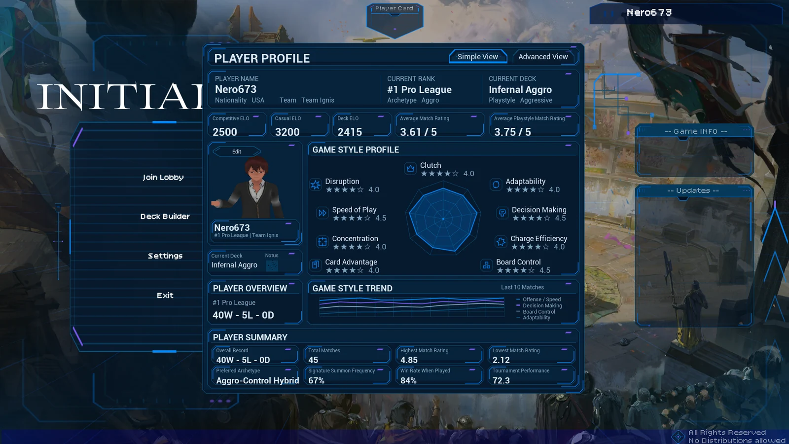 Player profile panel over the Initialize main menu