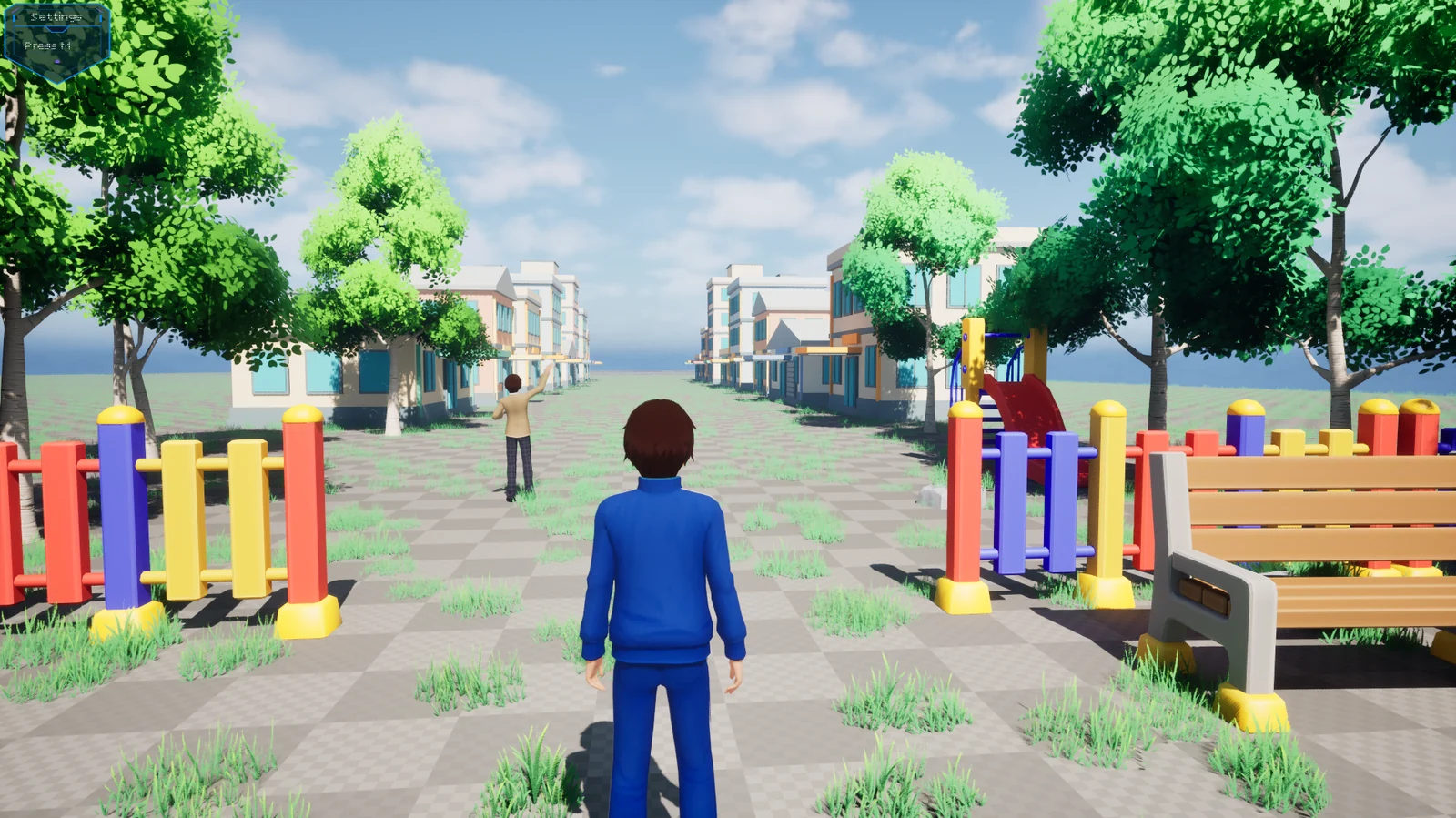 Third-person avatar standing in a bright outdoor game environment